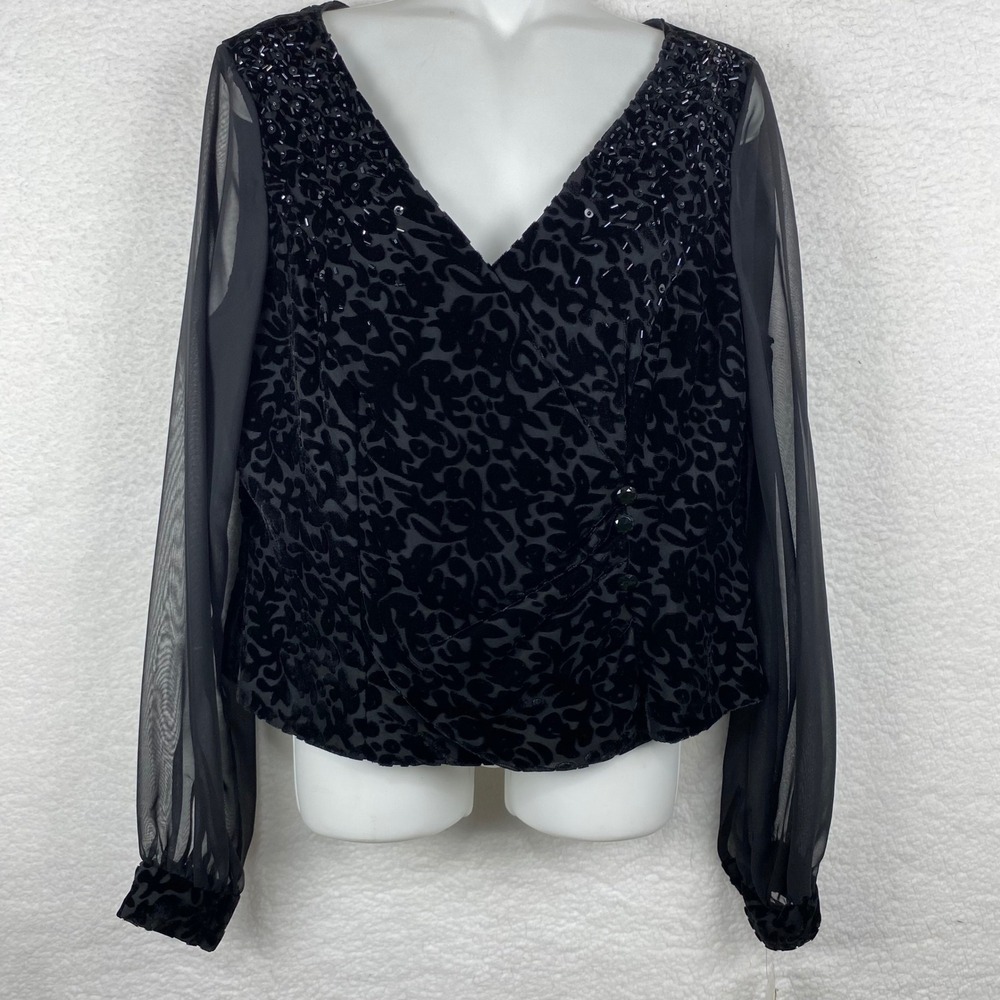 JR Nites Caliendo Vtg Velvet Leopard Sequin Blouse Black Sheer Sleeve Size 12